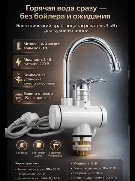 Водонагреватель электрический проточный кран на мойку
