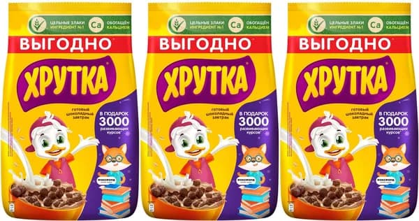Сухой завтрак Хрутка шоколадный обогащенный кальцием, комплект: 3 упаковки по 650 г