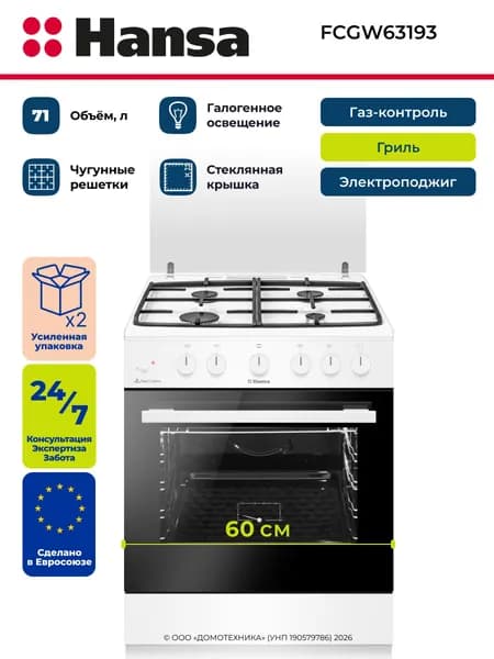 Плита газовая HANSA FCGW63193, Ширина 60 см, 4 конфорки, Газ-контроль/Электроподжиг, Чугунные решетки, Объем 71 литр, Гриль