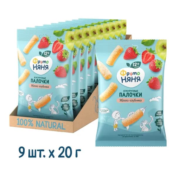 Кукурузные палочки детские ФрутоНяня с 1 года, с яблоком и клубникой, 20 г х 9 шт