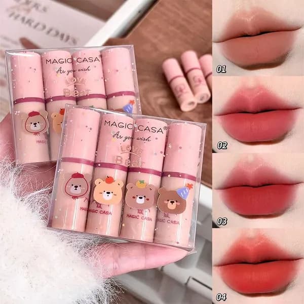 4 шт.Матовая помада Mini Bear Matte Velvet Lip Glaze, отбеливающая