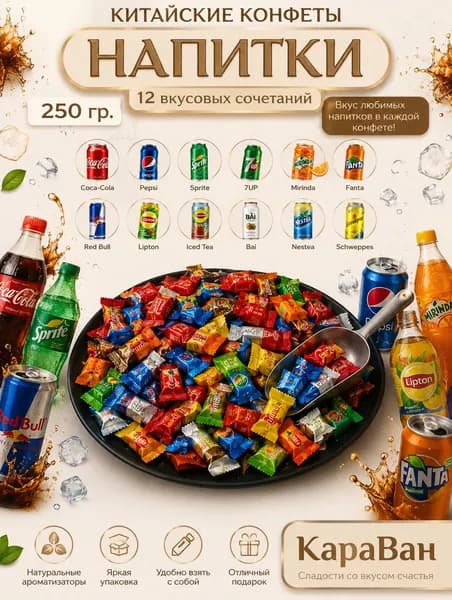 Леденцы ассорти 12 вкусов напитков 250 г, карамель фруктовая, китайские конфеты микс, сладости для детей и взрослых