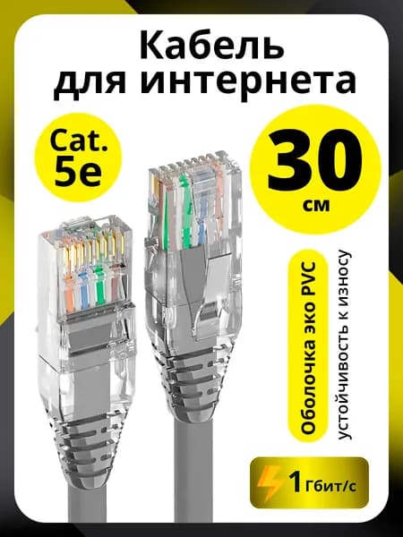 Короткий патч корд кат. 5е 30см ELS сетевой кабель для интернета RJ45 для роутера модема телевизора приставки 1гбит/с серый