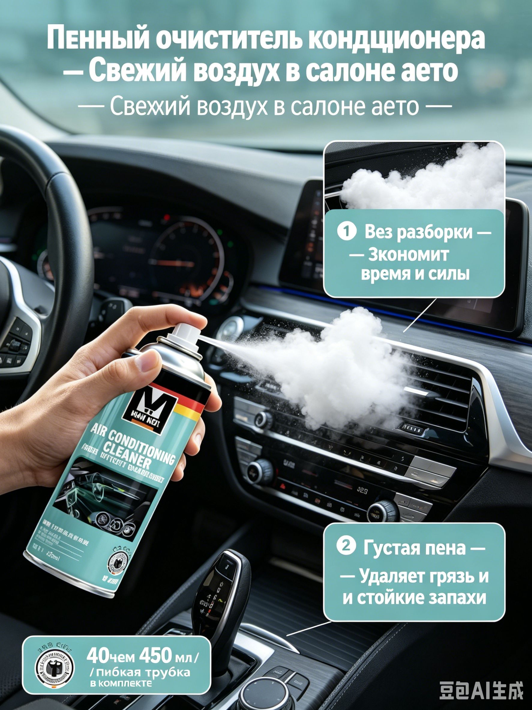 Пенный очиститель кондиционера автомобильный, спрей-аэрозоль 450мл, средство для очистки вентиляции без разборки и удаления запахов