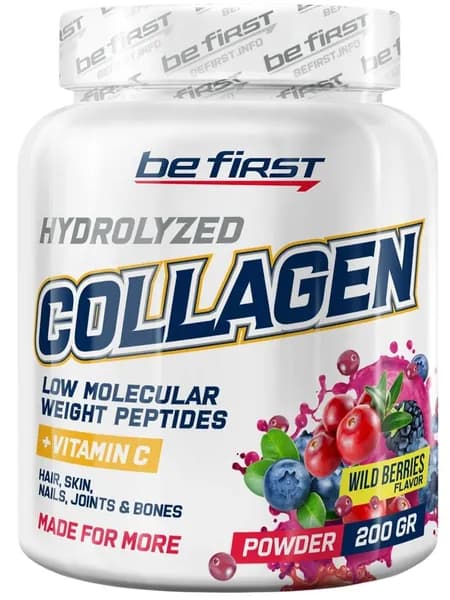Коллаген 1,2,3 тип Be First Collagen 5000 mg + vitamin C powder (коллаген с витамином С) 200 г, Лесные ягоды, Для кожи, волос, ногтей, суставов и костей