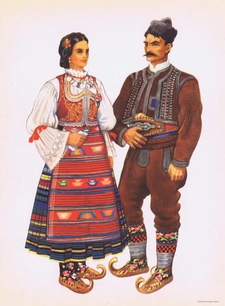 Сербский народный костюм (Шумадия). Владимир Кирин. Антикварная хромотипия. Югославия, 1954 год
