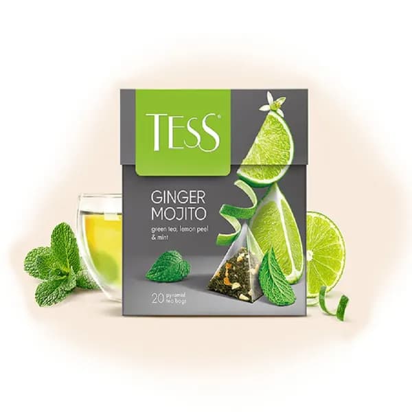 Чай в пирамидках зелёный Tess Ginger Mojito(Джинджер Мохито) 20 пак. Лимон и мята.
