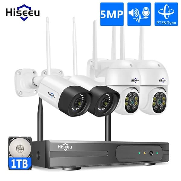 Hiseeu Wi-Fi Комплект камеры видеонаблюдения,10CH NVR Набор,5MP 4(PTZ +пулей Тип)IP камеры,1TB жесткого диска,Цветная ночного видения,Автоматическое отслеживание,Двусторонняя аудиосвязь, P2P