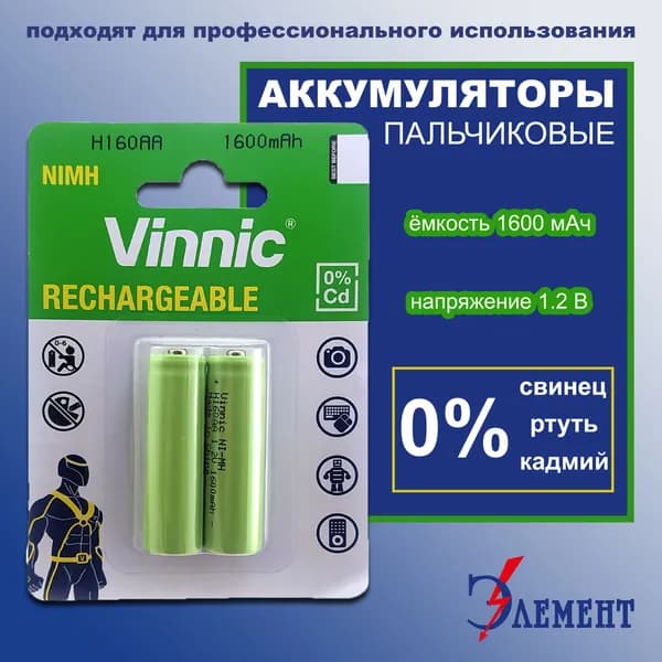 Аккумулятор (2шт) пальчиковый VINNIC R6 (AA) Ni-MH 1600mAh (H160AA-C2)(2шт*1)