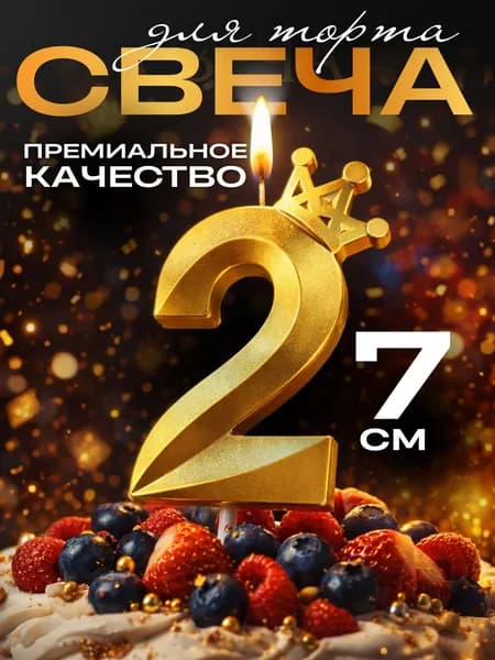 Свечи для торта цифры, свеча цифра 2, с короной, цвет золото
