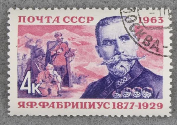 Почтовая марка "Герой Гражданской войны Я. Ф. Фабрициус (1877-1929)". Номинал 4 коп. СССР. 1963 год. (Загорский 2731)