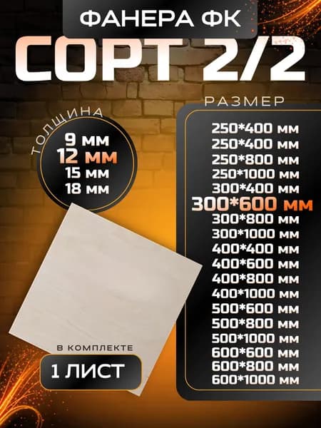 Фанера строительная и для творческих работ 300x600 толщина 12мм 1шт