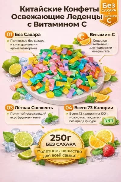 Китайские конфеты без сахара с витамином C 250 г, фруктовые леденцы ассорти, витаминные конфеты, освежающие сладости для детей и взрослых