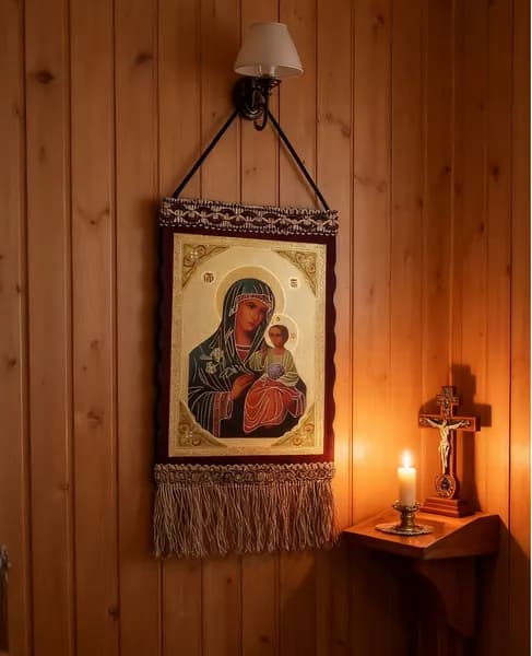 Освященная икона Казанской Божией Матери, ручное ткачество, 20 см