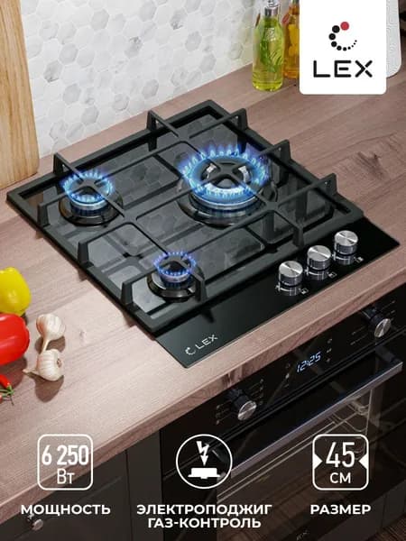 Варочная панель газовая LEX GVG 431 BL, встраиваемая, механическое управление, чугунные решетки, газ контроль, электроподжиг, поверхность из закаленного стекла.