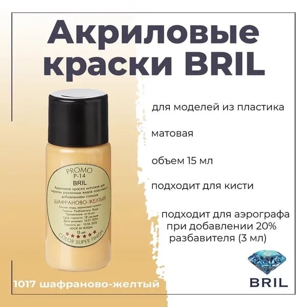 Акриловая краска для моделирования BRIL, для окраски различных видов пластика, под кисть, для аэрографа-разбавлять, баночка 15 мл