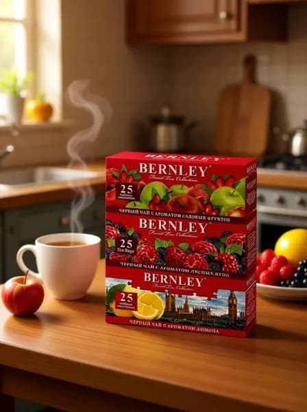 Чай черный Bernley Лимон + Лесные ягоды + Садовые фрукты, 3 пачки по 25 пакетов Блок