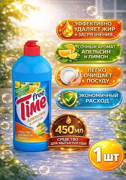 Средство для мытья посуды Free Time (Фри Тайм) Апельсин и Лимон, 450 мл х 1шт