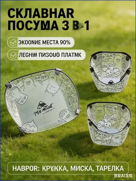 Набор складной посуды для кемпинга и похода - миска, кружка и тарелка-доска из легкого PP пластика, туристический сервировочный комплект для выезда на природу.