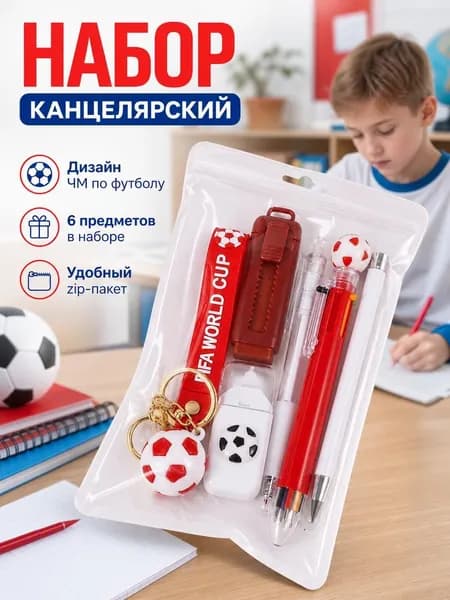 Канцелярский набор футбольной тематики 6 в 1 вес 100 г размер 20 13 см, ручки карандаш ластик корректор брелок, подарок для школьников на праздники