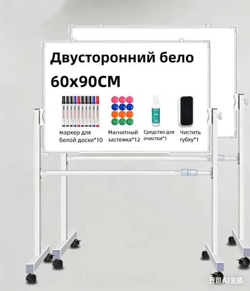 Доска поворотная магнитно-маркерная 60x90 см, с полкой, мобильная на ножках с колесами, двусторонняя, Двусторонний бело