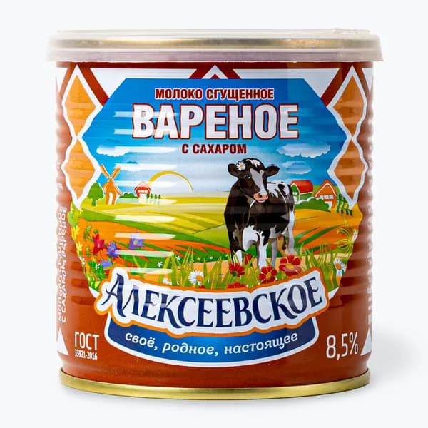 Сгущенное молоко вареное 8,5% 360 г, Алексеевское, с сахаром, ГОСТ, ЖБ