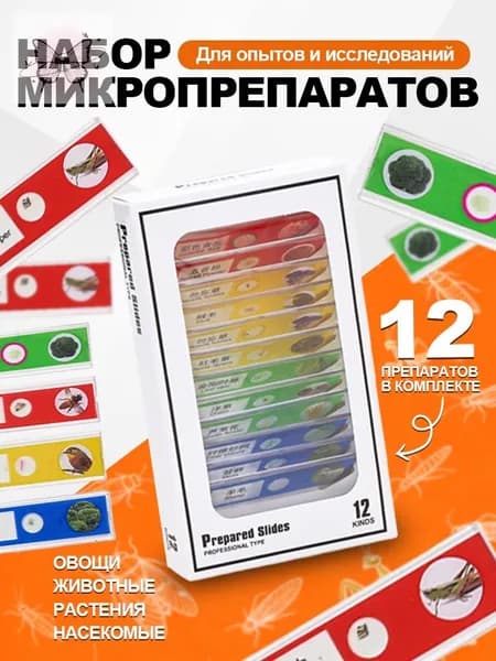 Набор микропрепаратов для микроскопа, препараты для опытов 12 штук (насекомые, животные, растения, овощи)