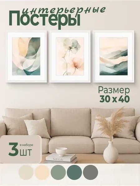 Интерьерные картины-постеры "Флорал" 3 шт. 30х40 см
