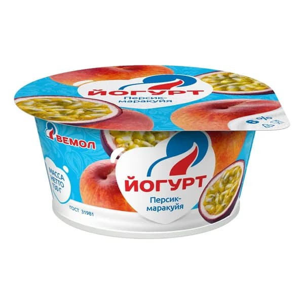 Йогурт Вемол Персик-маракуйя 6% БЗМЖ 130 г