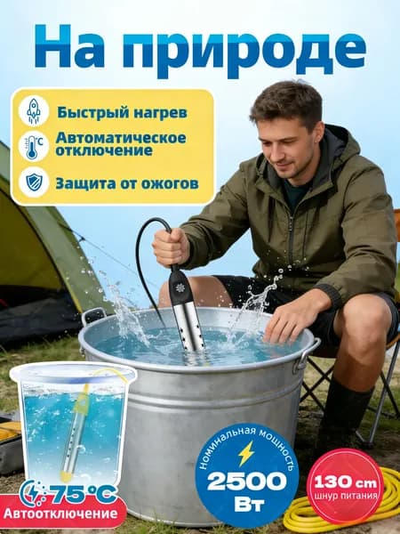 Погружной нагреватель с термостатом и индикатором, 2500 Вт, чёрный