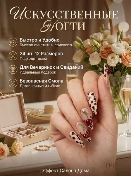 Накладные ногти с леопардовым принтом и объёмными вишнями 24 шт