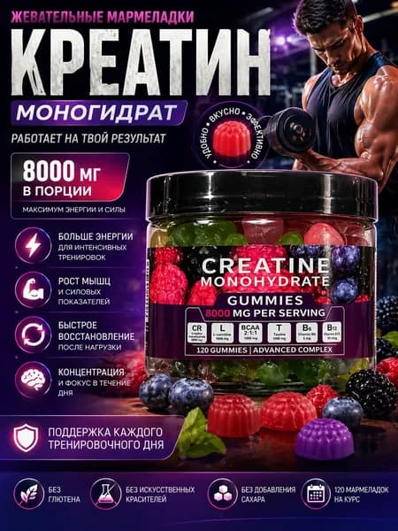 Креатин моногидрат в жевательных конфетах (121 шт) с BCAA, L-карнитином и витаминами, 8000 мг на порцию