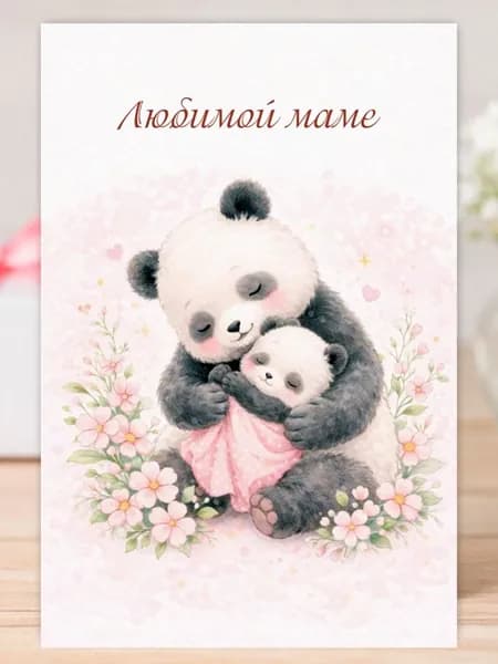 Открытка "Любимой маме" акварельная с пандами, с конвертом, 10х15 MiloCards