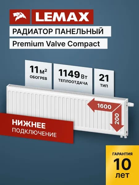 Стальной панельный радиатор Lemax Premium Valve Compact Universal 21 200 1600 (крепления отдельно). Товар уцененный