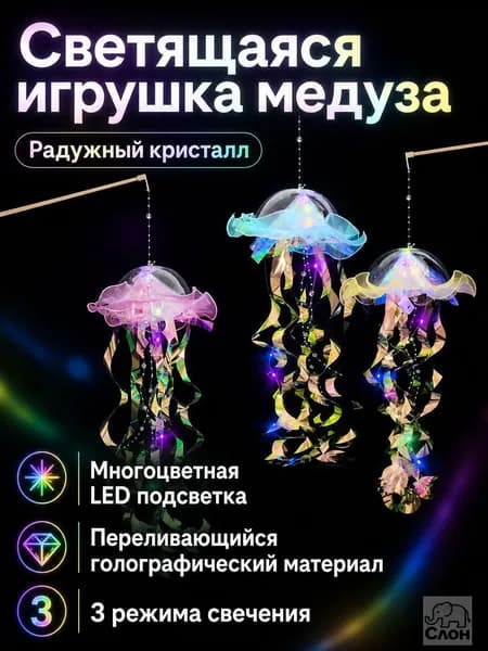 Набор декоративной светящейся медузы из 1 предмета: светодиодная гирлянда в прозрачном корпусе с радужной лентой, 3 режима свечения