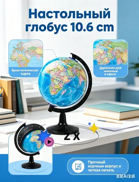 Глобус настольный 10.6 см сувенирный, политическая карта мира - маленький интерьерный глобус для детей и школы, подарок в офис