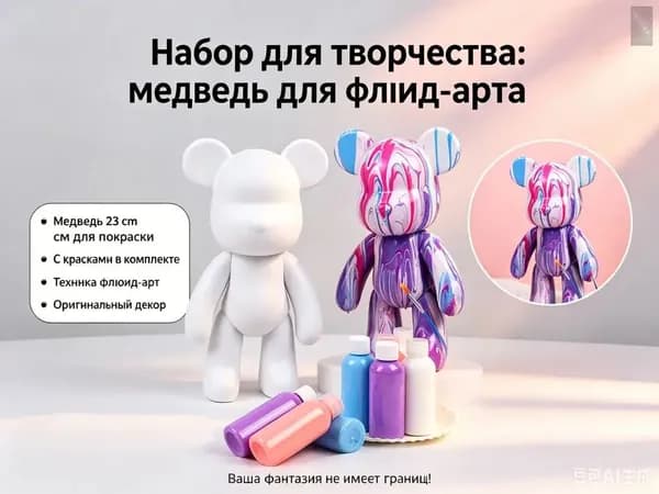 Набор для творчества: белый медведь для жидкой акриловой покраски, 23 см, с красками
