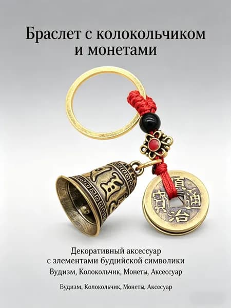 Колокольчик, брелок-оберег, подвеска с монетами, бронза, красный шнурок, для ключей, дома и автомобиля