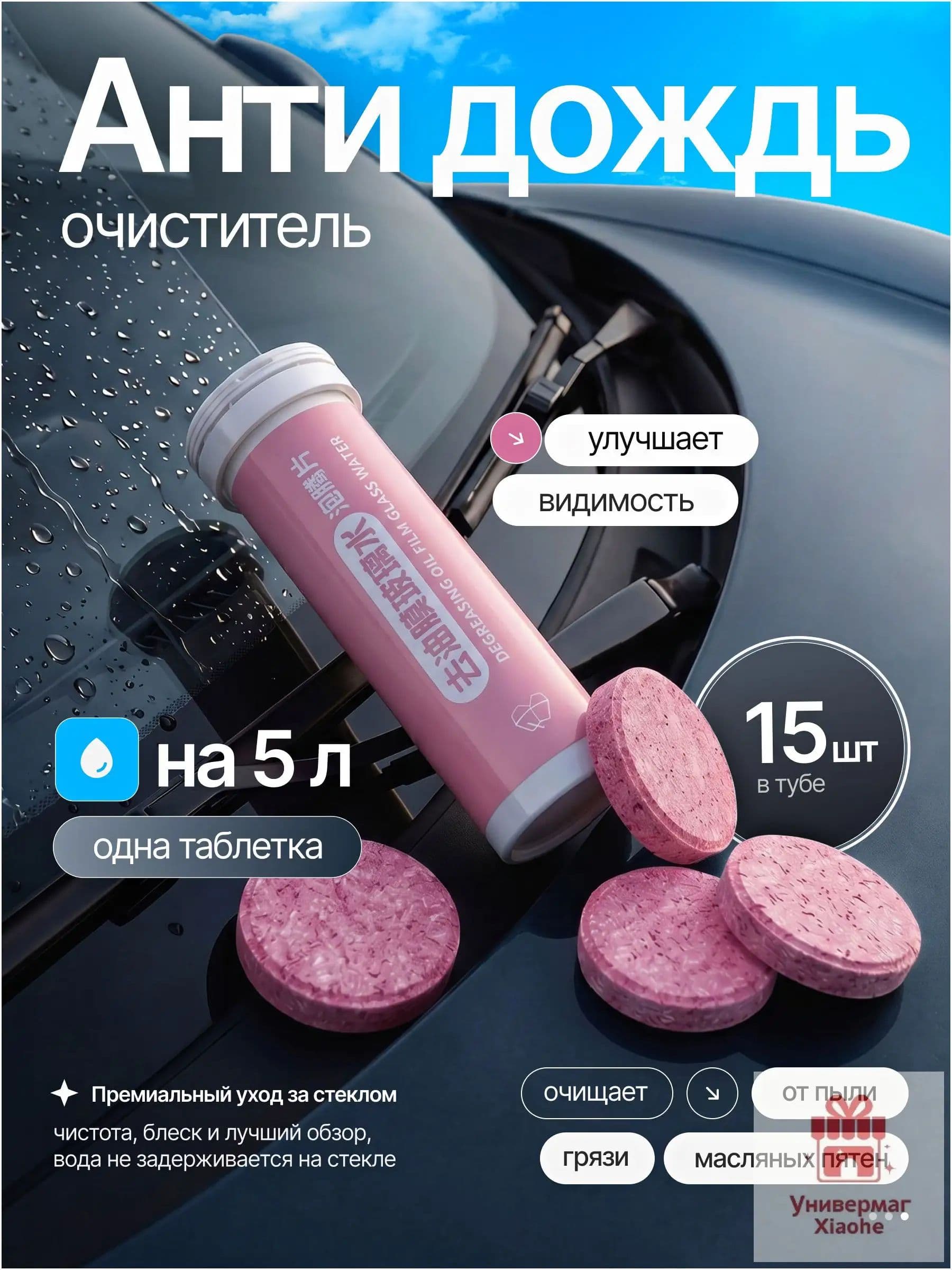 Стеклоомыватель, антидождь, защитное омывающее средство в таблетках для автомобильного стекла