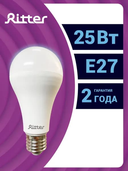 Лампочка светодиодная e27 25Вт холодный свет 6500К груша А60 аналог лампы 200Вт Ritter