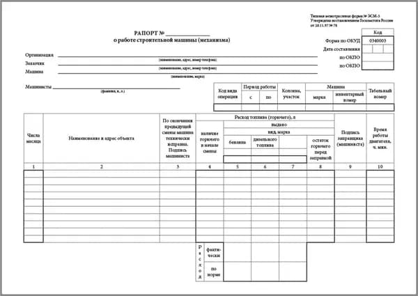 Рапорт о работе строительной машины (механизма) 100 шт