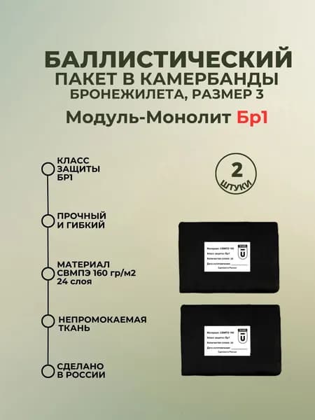 Баллистический пакет боковой Бр1 для плитника Модуль-Монолит, противоосколочный пакет СВМПЭ, баллистика в камербанд.
