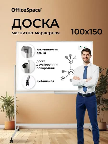 Магнитная маркерная доска на стену. Флипчарт 100х150 см школьная OfficeSpace