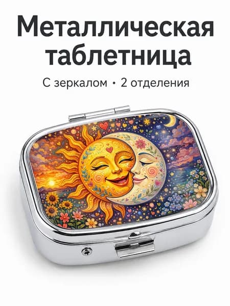 Таблетница металлическая с зеркалом, 2 отделения, компактный органайзер для таблеток, витаминов и мелочей