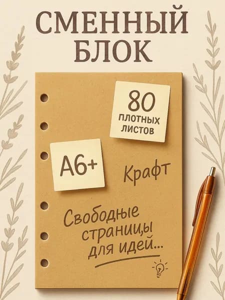 Сменный блок A6 на 6 кольцах, бумага крафт для блокнота на кольцах, 80 листов 10x17см