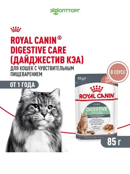 Влажный корм Royal Canin Digestive Care для кошек с чувствительным пищеварением (кусочки в соусе), Мясо, 85 г