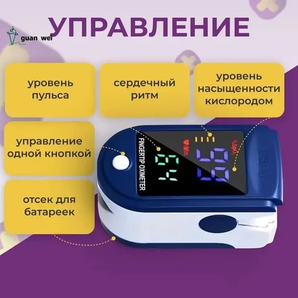 Пульсоксиметр медицинский с LED дисплеем электронный на палец Lk87 / прибор для измерения
