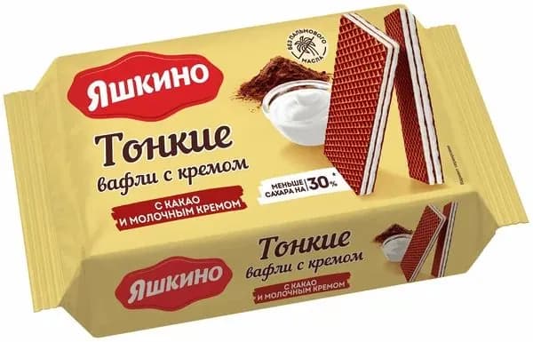 Яшкино Вафля тонкие, с какао и молочным кремом, 144 гр.