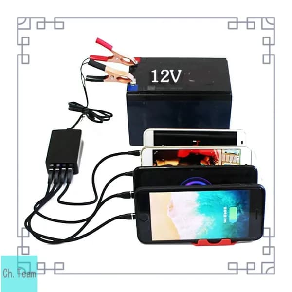 Адаптер питания 12V с зажимом для аккумулятора и USB-зарядкой для телефона, 4 порта