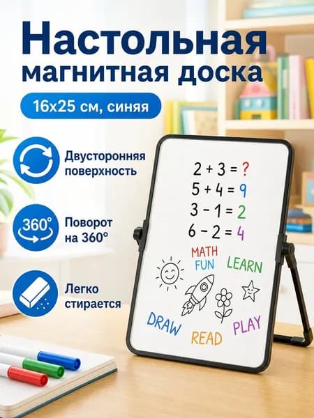 Двусторонняя магнитная доска 16 25 см, синяя, горизонтальная: с поворотным кронштейном и маркером